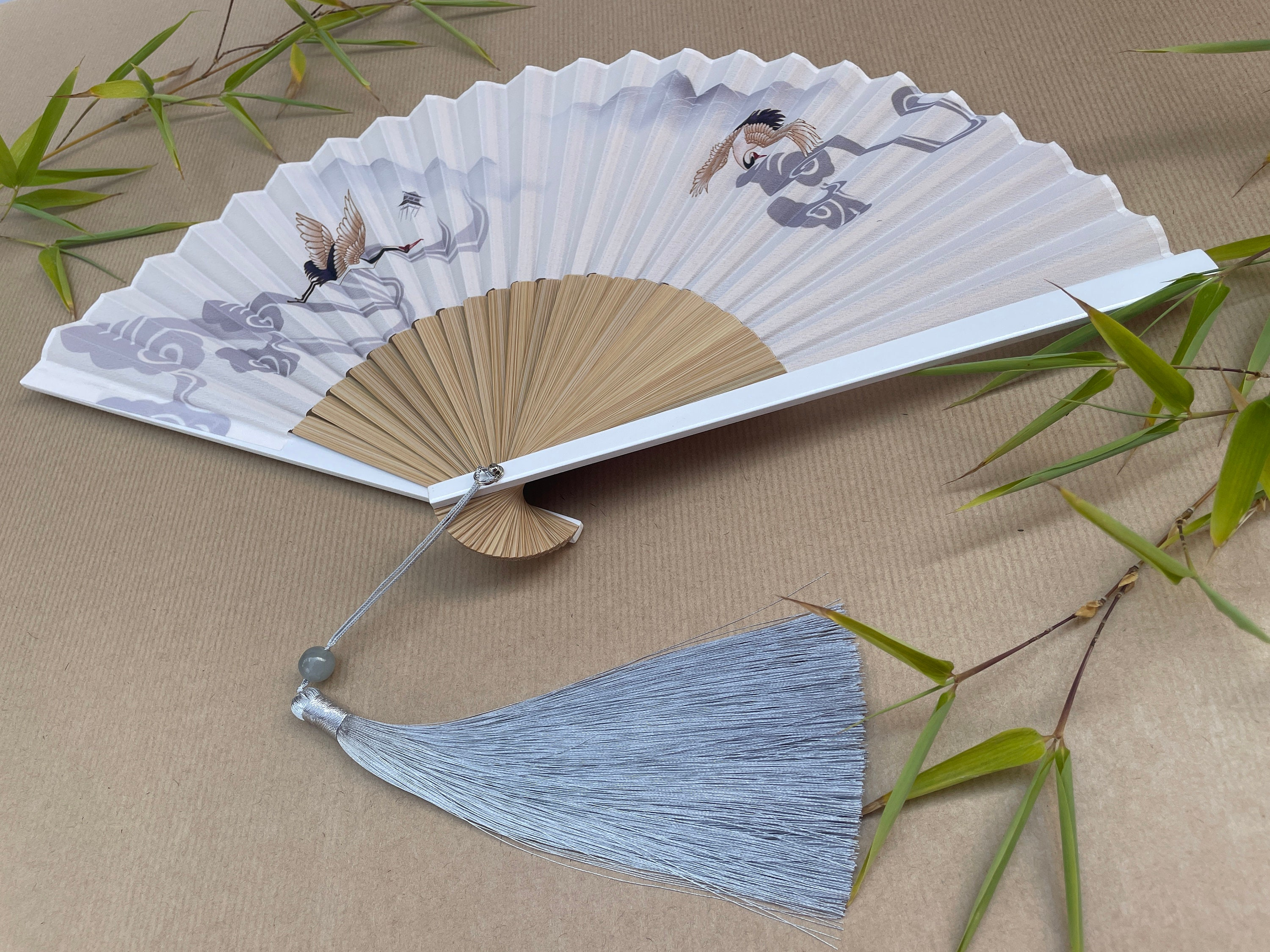 Flying Crane and Cloud Print Folding Hand Fan