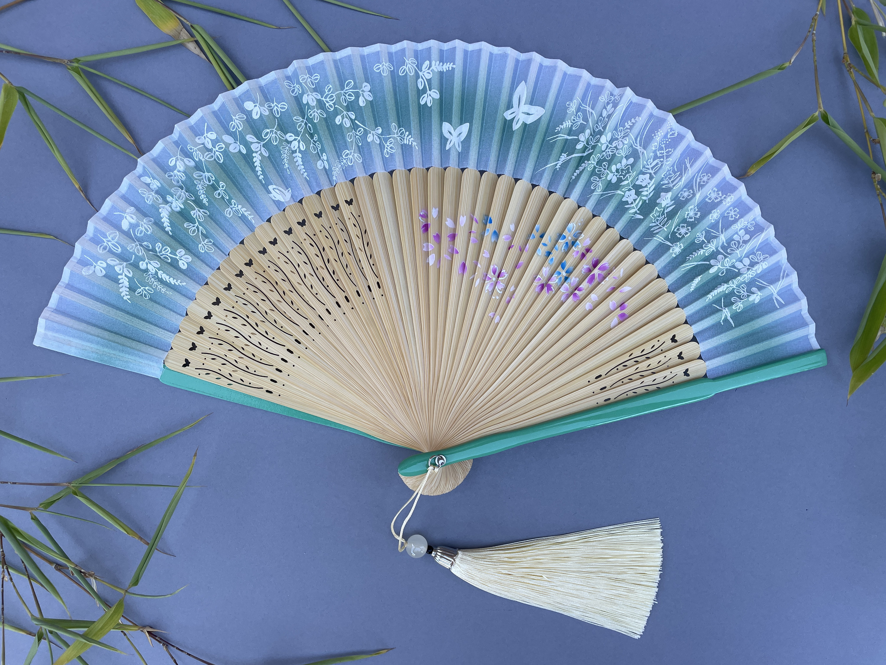 Blue Gradient White Floral Sprig and Butterfly Folding Hand Fan