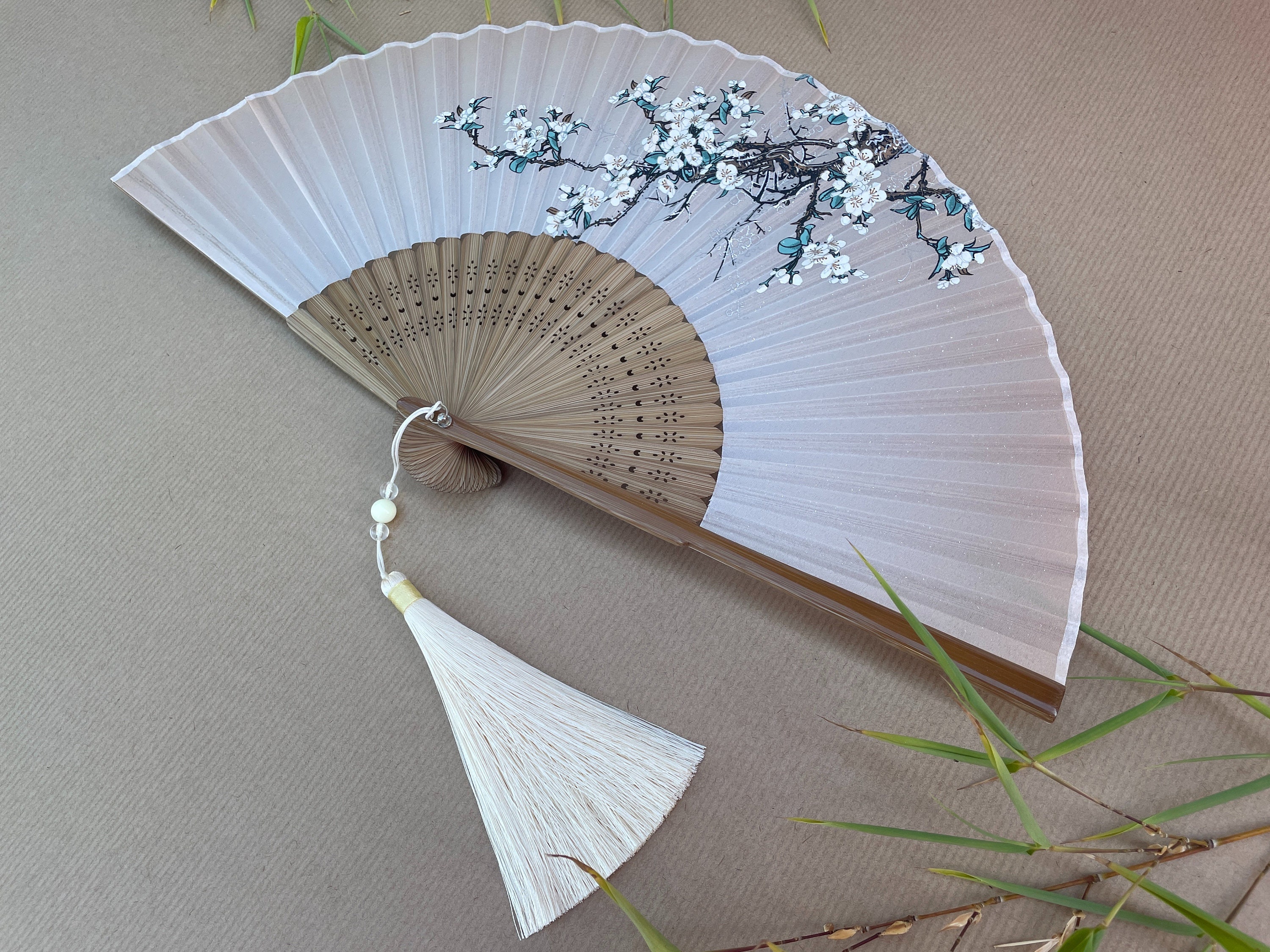 Blush Pink White Plum Blossom Branch Folding Hand Fan