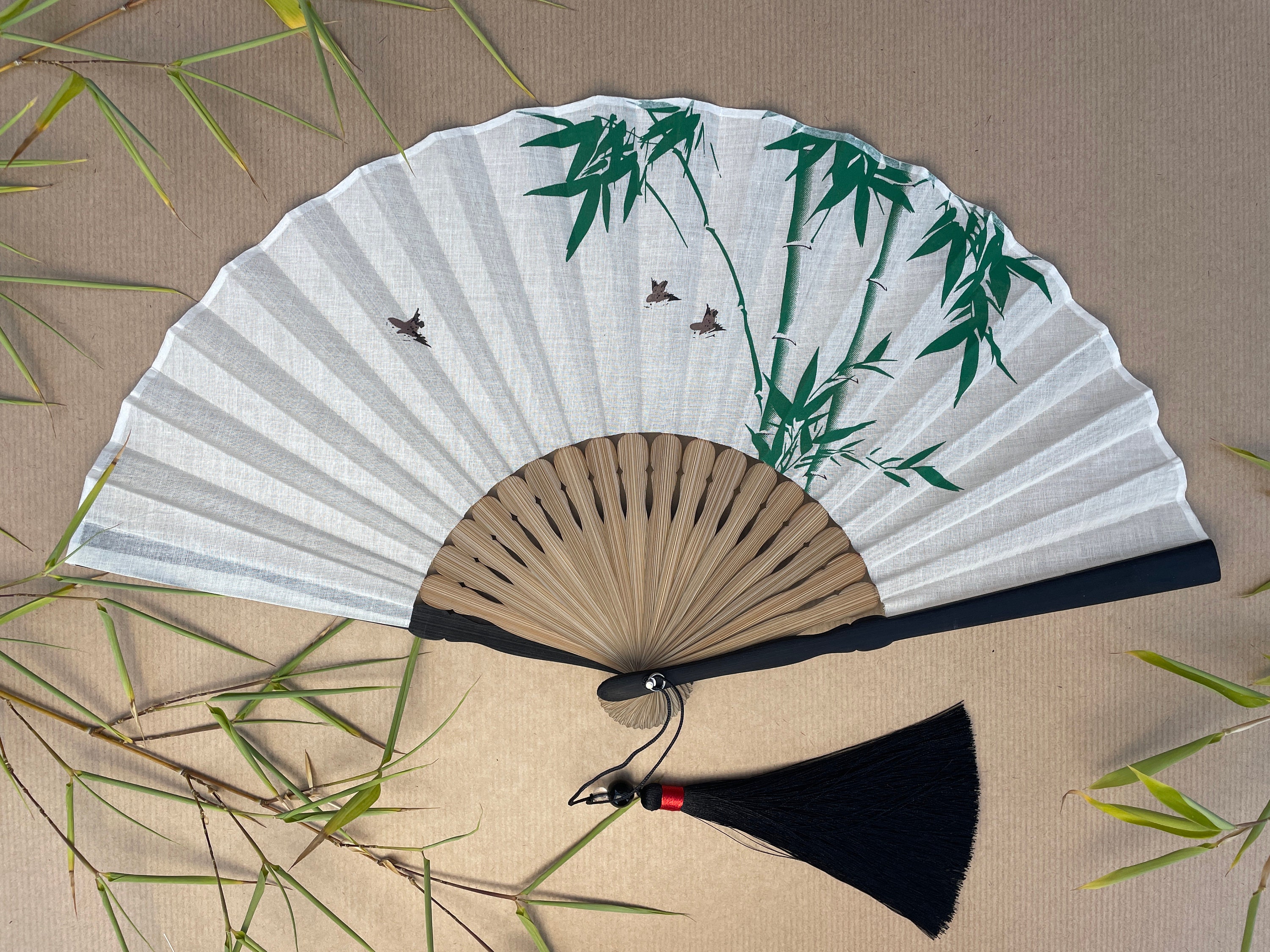 White Bamboo Leaf and Flying Bird Folding Hand Fan