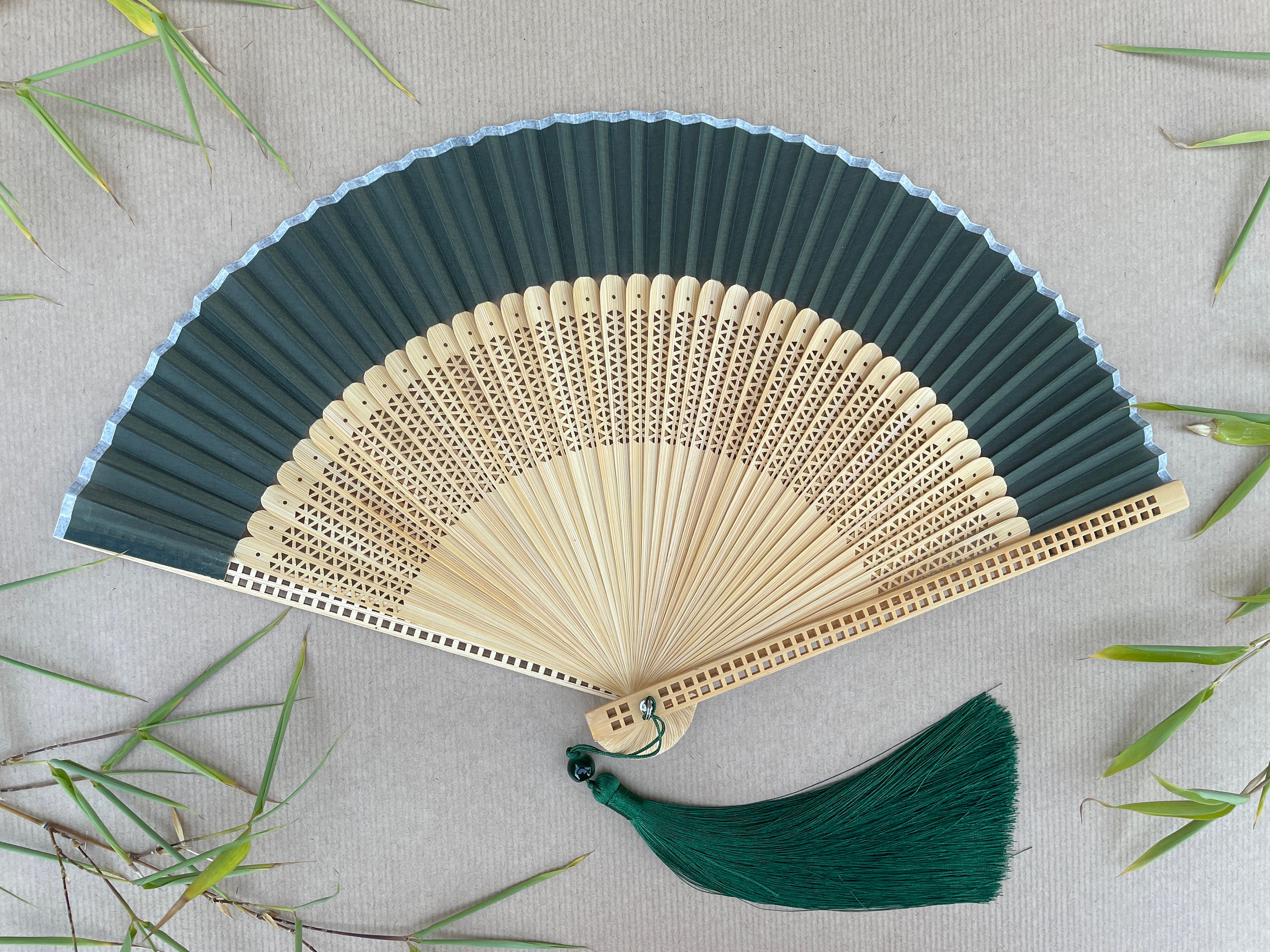 Deep Green Openwork Carved Pattern Folding Hand Fan
