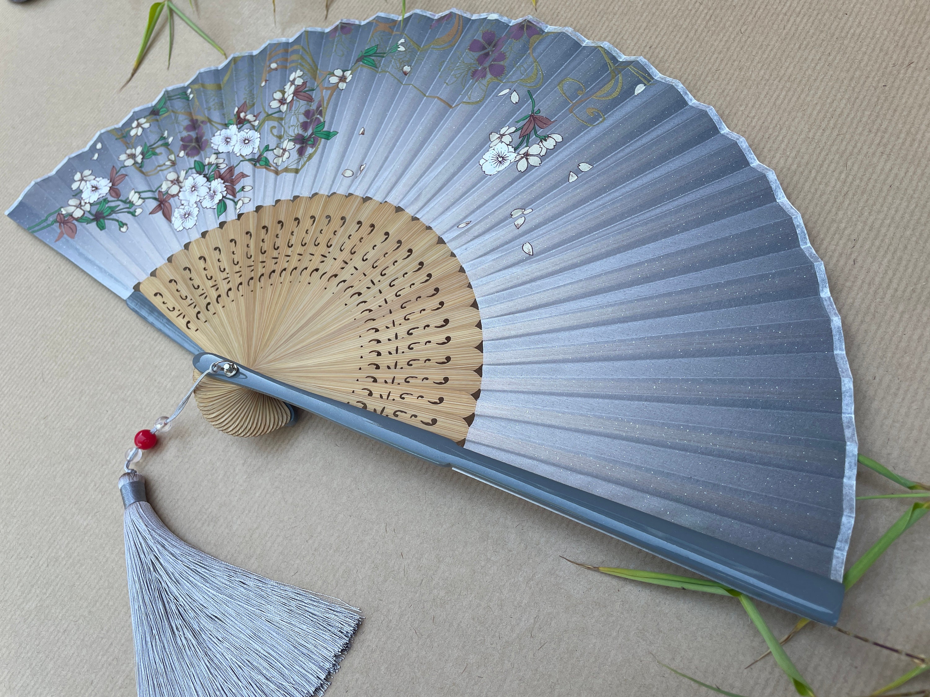 White Blossom Branch Print Folding Hand Fan