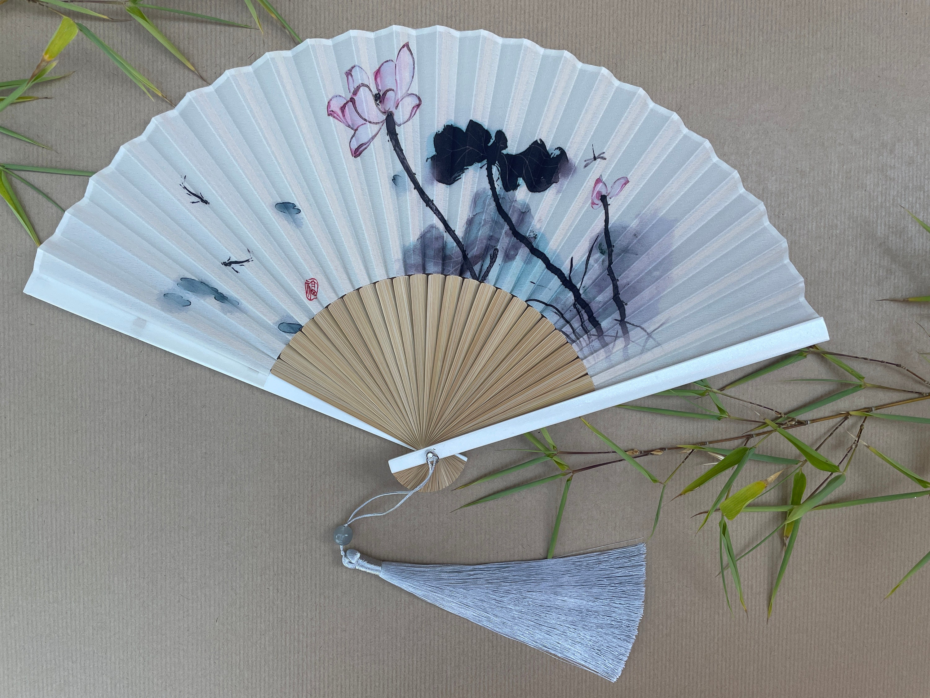 Ink Lotus Blossom and Dragonfly Folding Hand Fan
