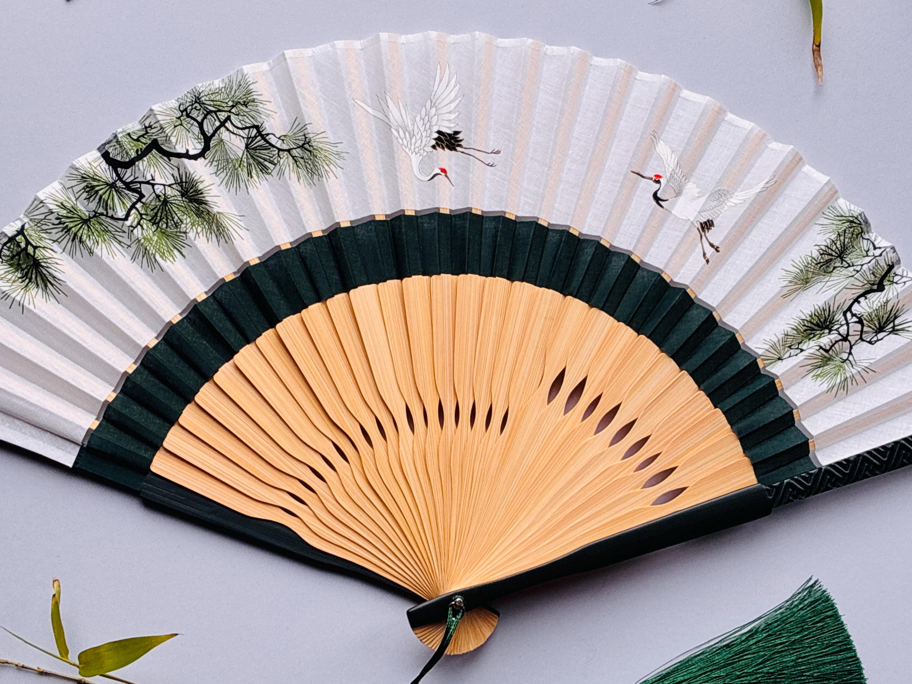 White Crane and Pine Branch Print Folding Hand Fan