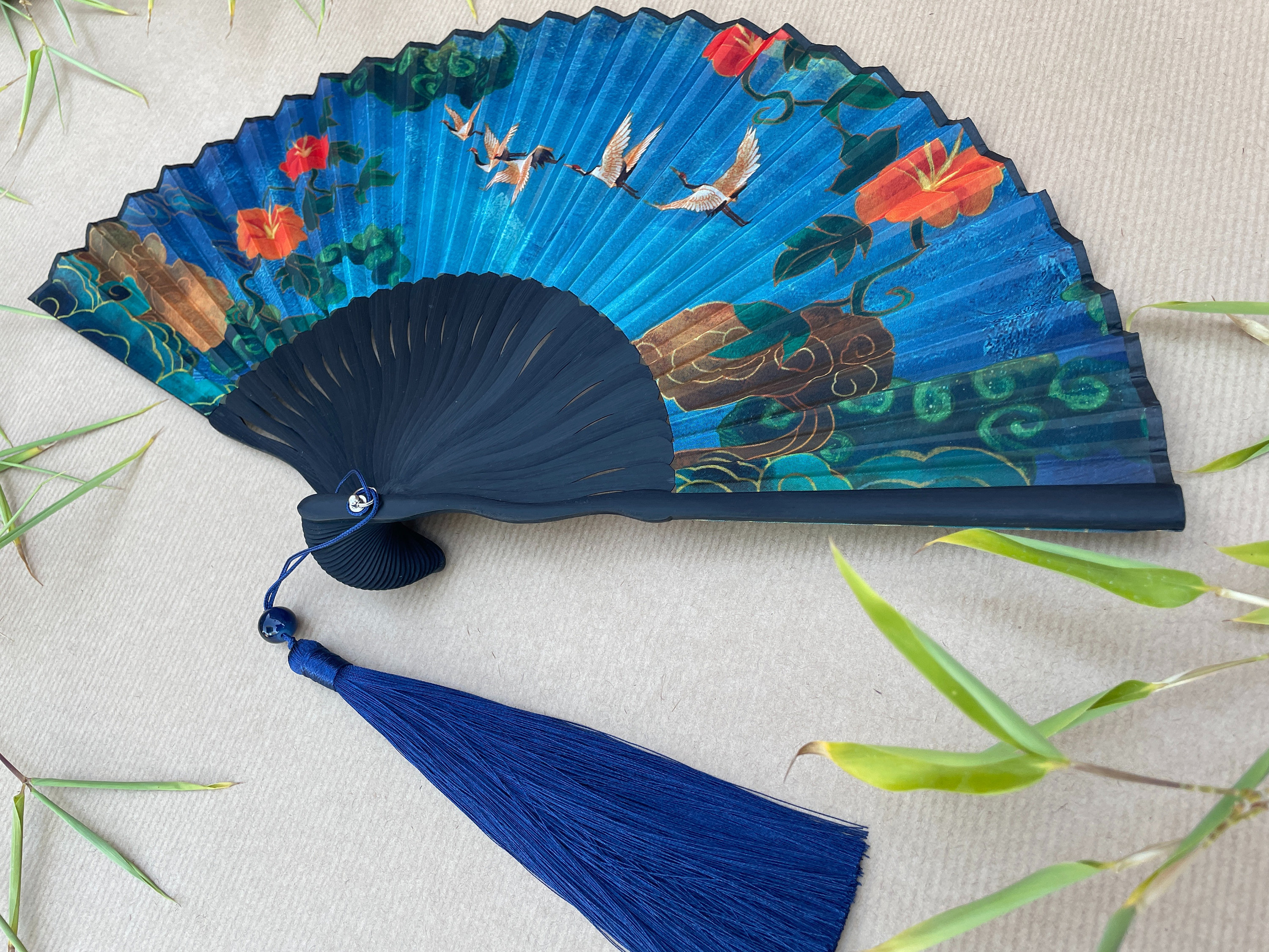 Blue Flying Crane, Red Floral, and Cloud Pattern Folding Hand Fan