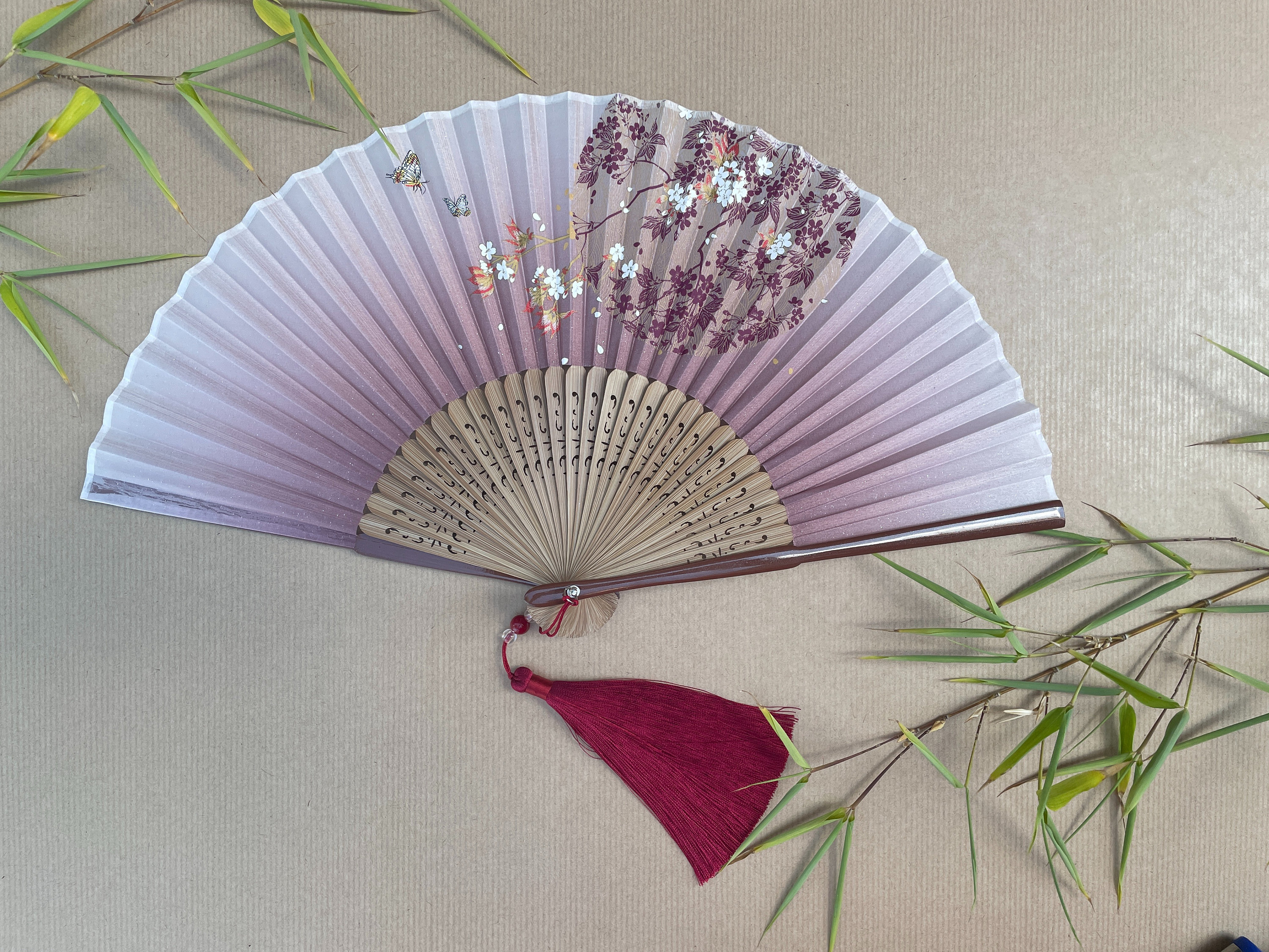 Lavender Gradient Burgundy Blossom Branch Folding Hand Fan