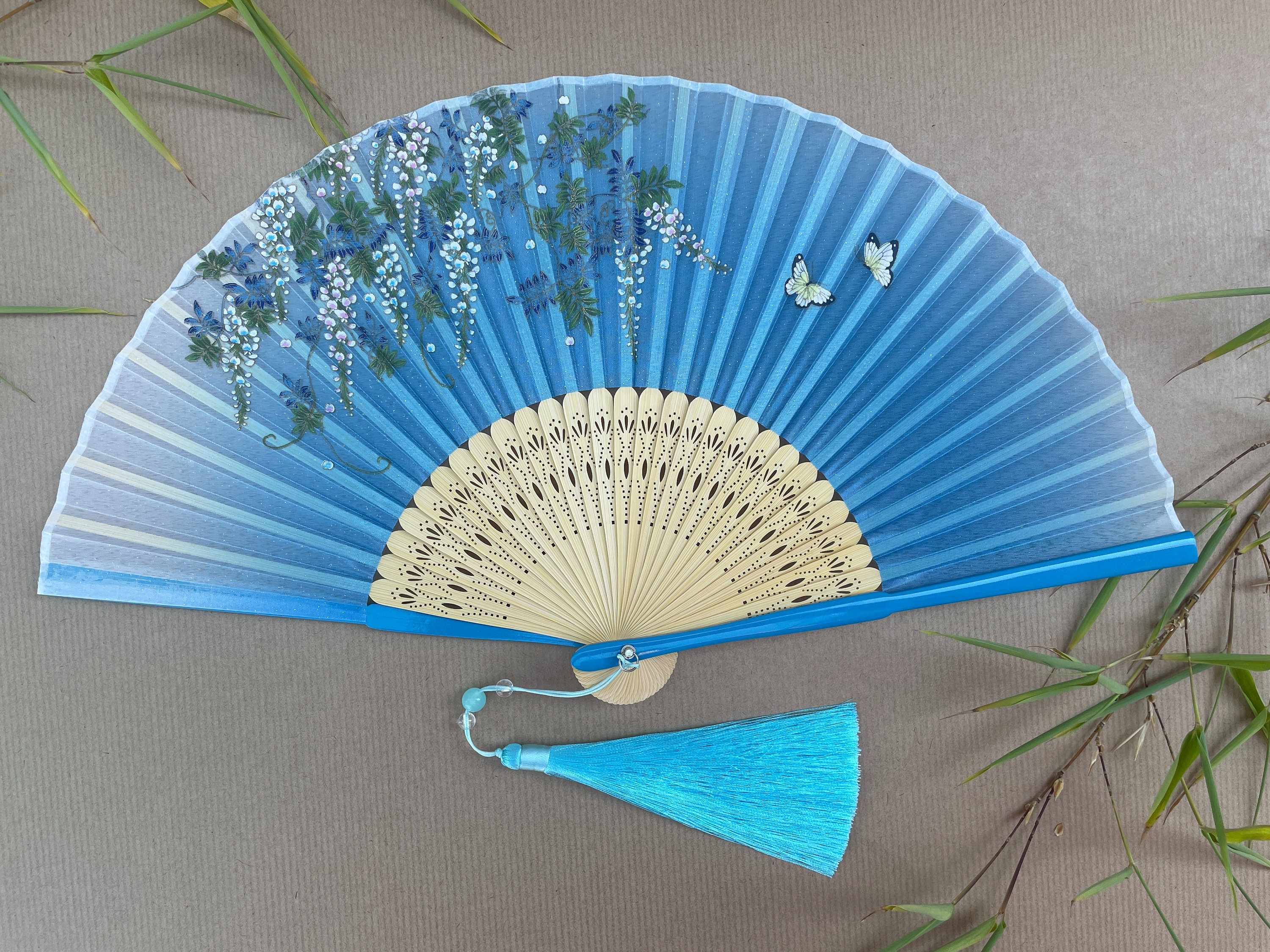 Blue Wisteria Spray and Butterfly Folding Hand Fan
