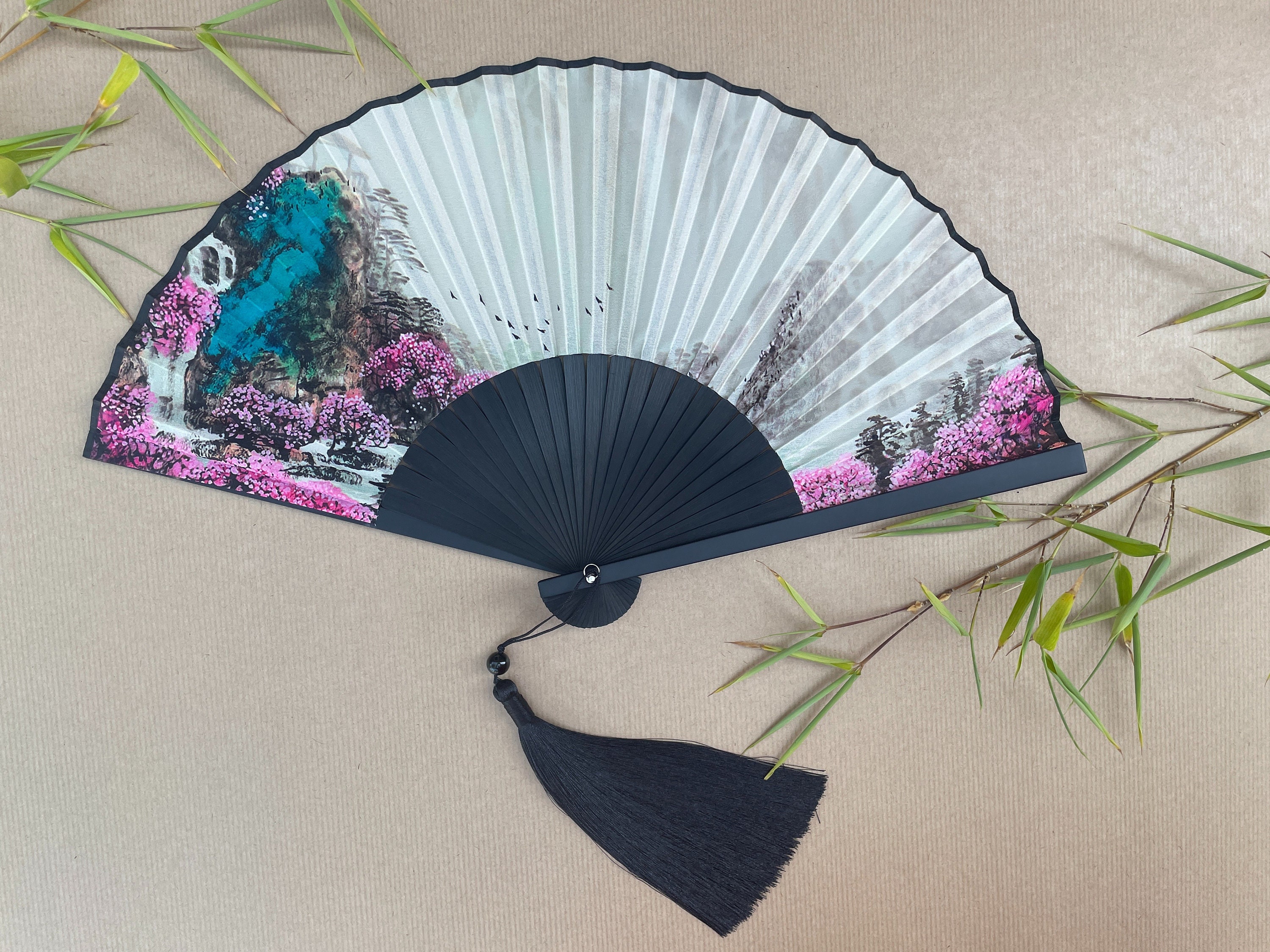 Turquoise Mountain and Pink Blossom Landscape Folding Hand Fan