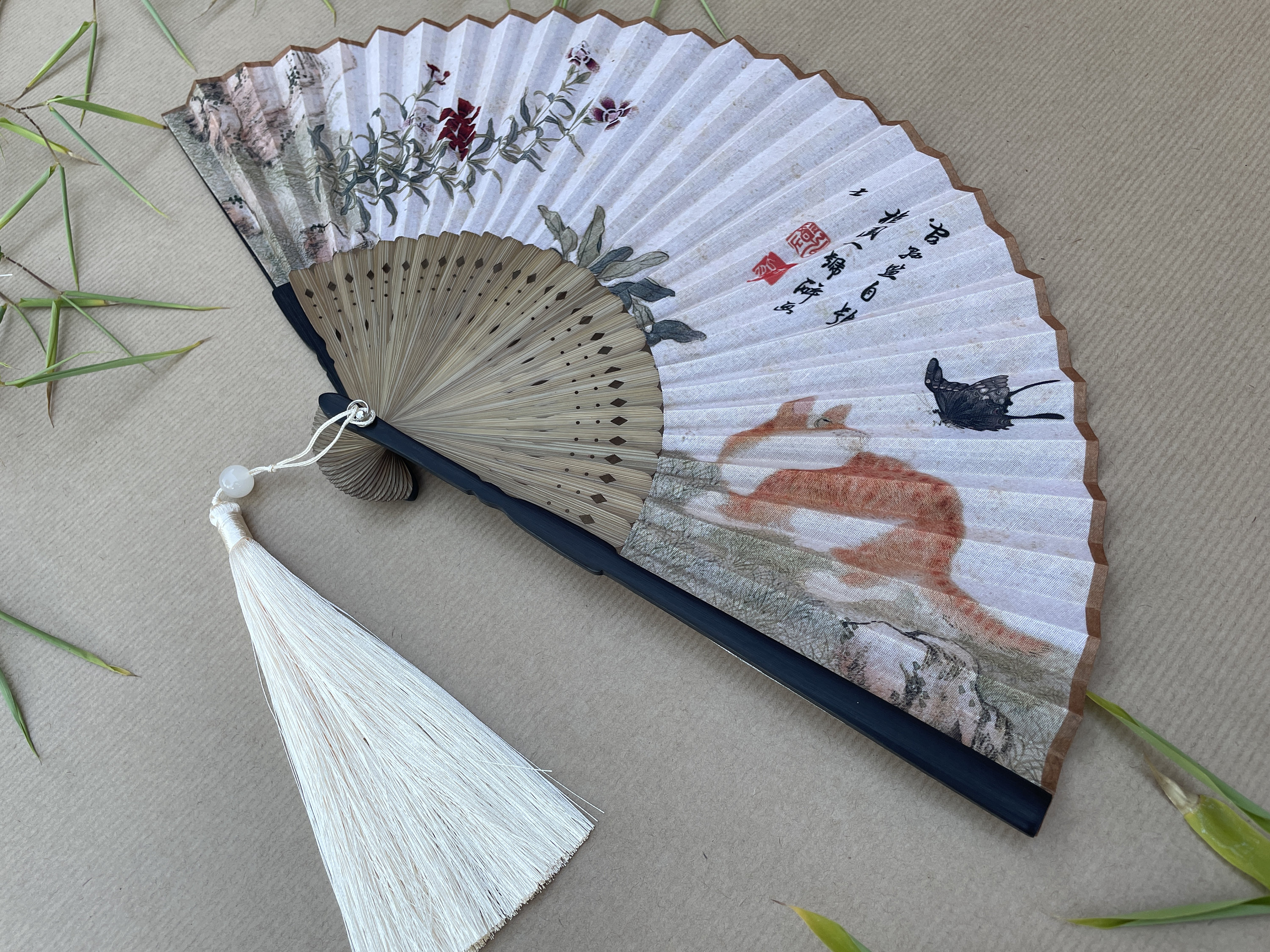 Chinese Ink Floral, Butterfly, and Calligraphy Folding Hand Fan
