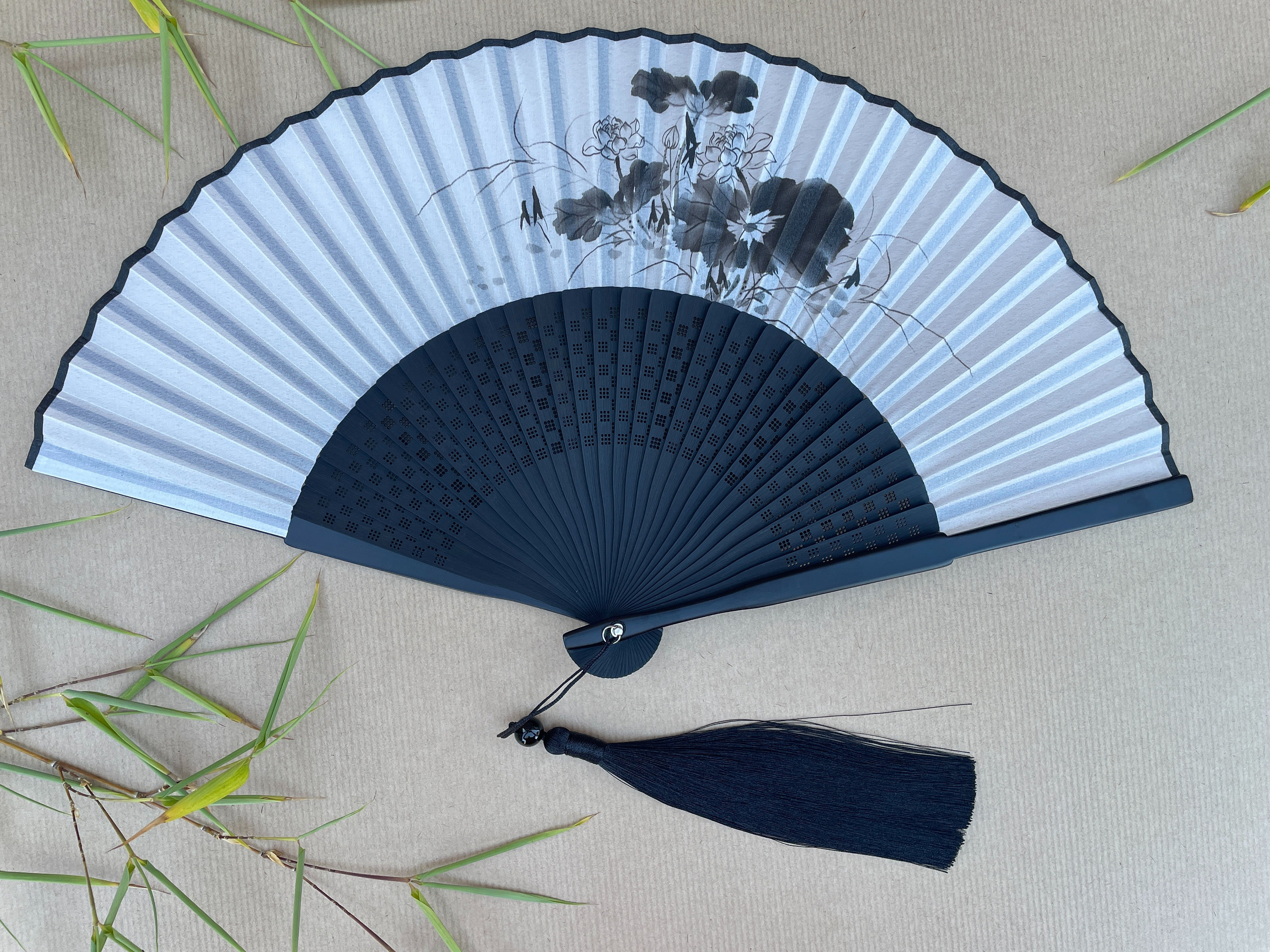 Black Ink Floral Bloom Folding Hand Fan
