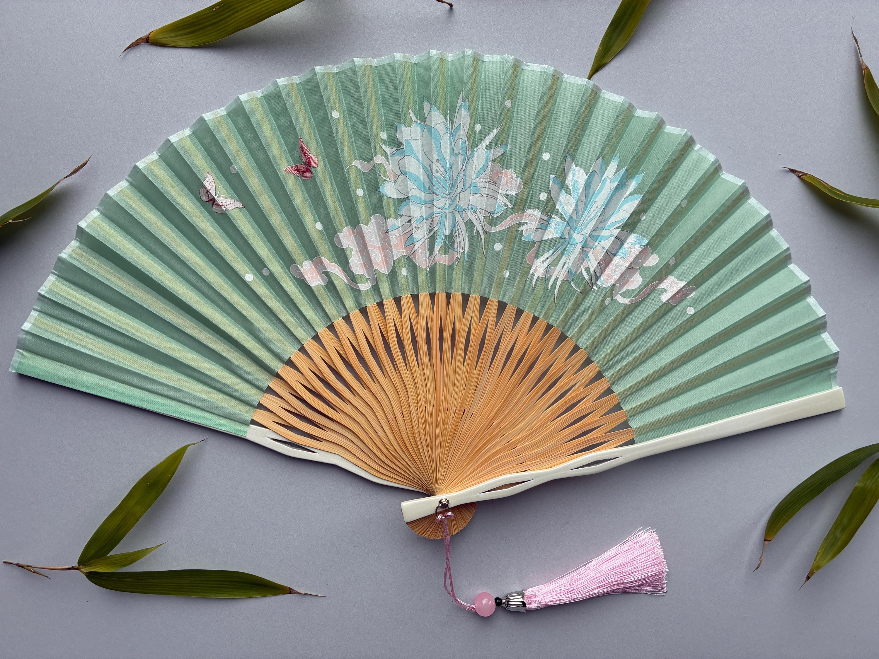 Mint Green White Floral Bloom and Butterfly Folding Hand Fan