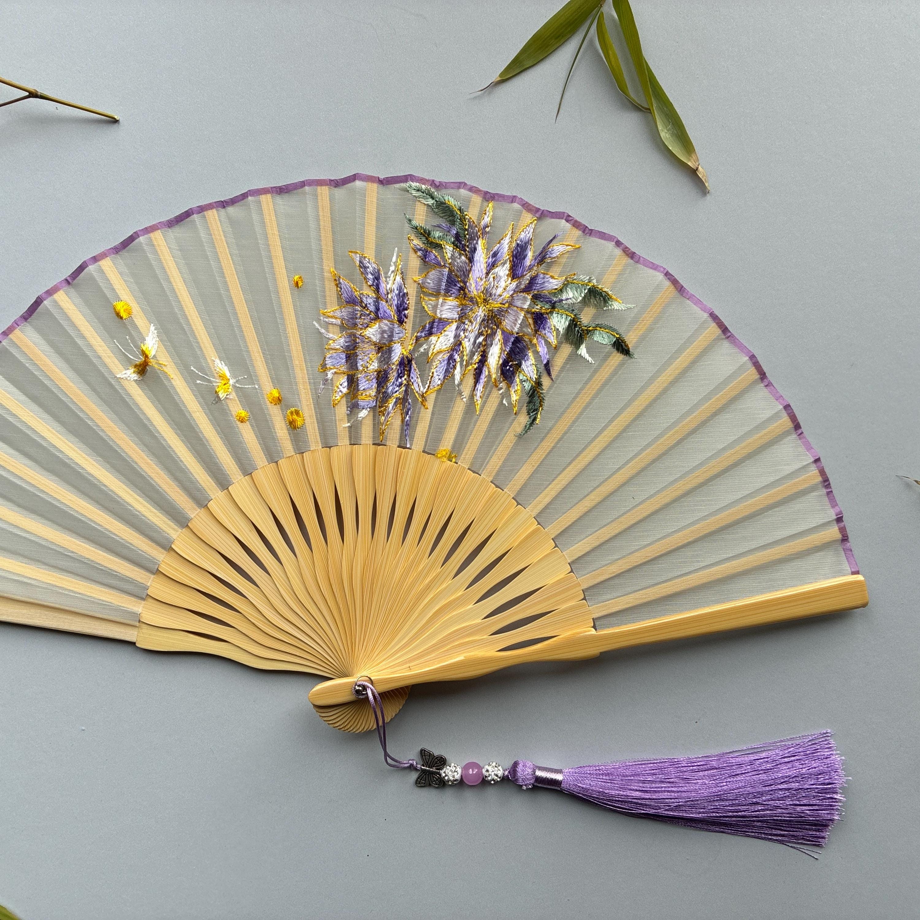 Purple Embroidered Floral Bloom Sheer Folding Hand Fan