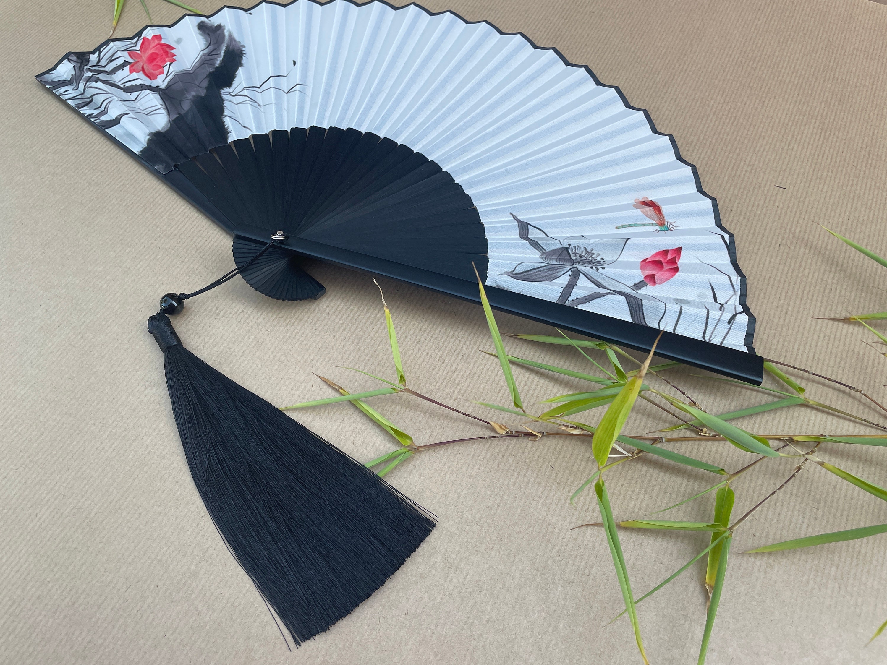 Ink Wash Lotus Blossom and Branch Folding Hand Fan
