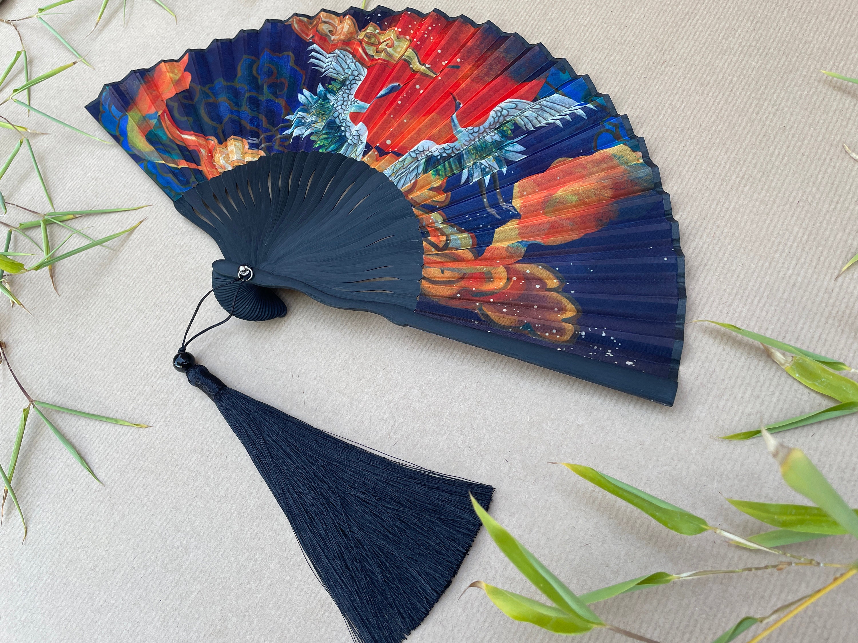 Blue Crane, Cloud, and Sunrise Print Folding Hand Fan