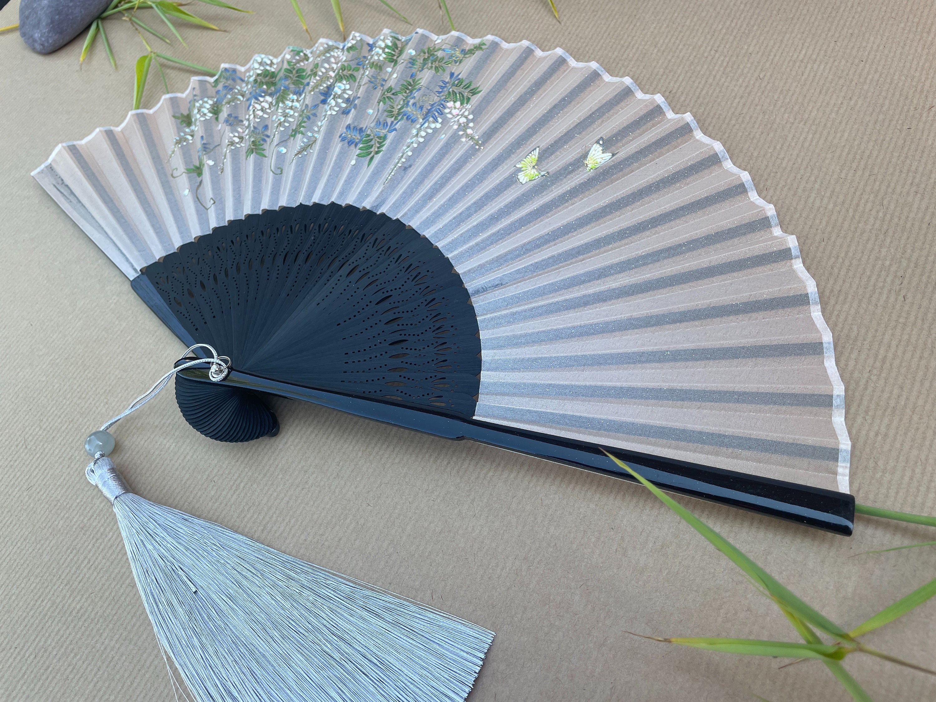 Blue Wisteria Blossom and Butterfly Print Folding Hand Fan
