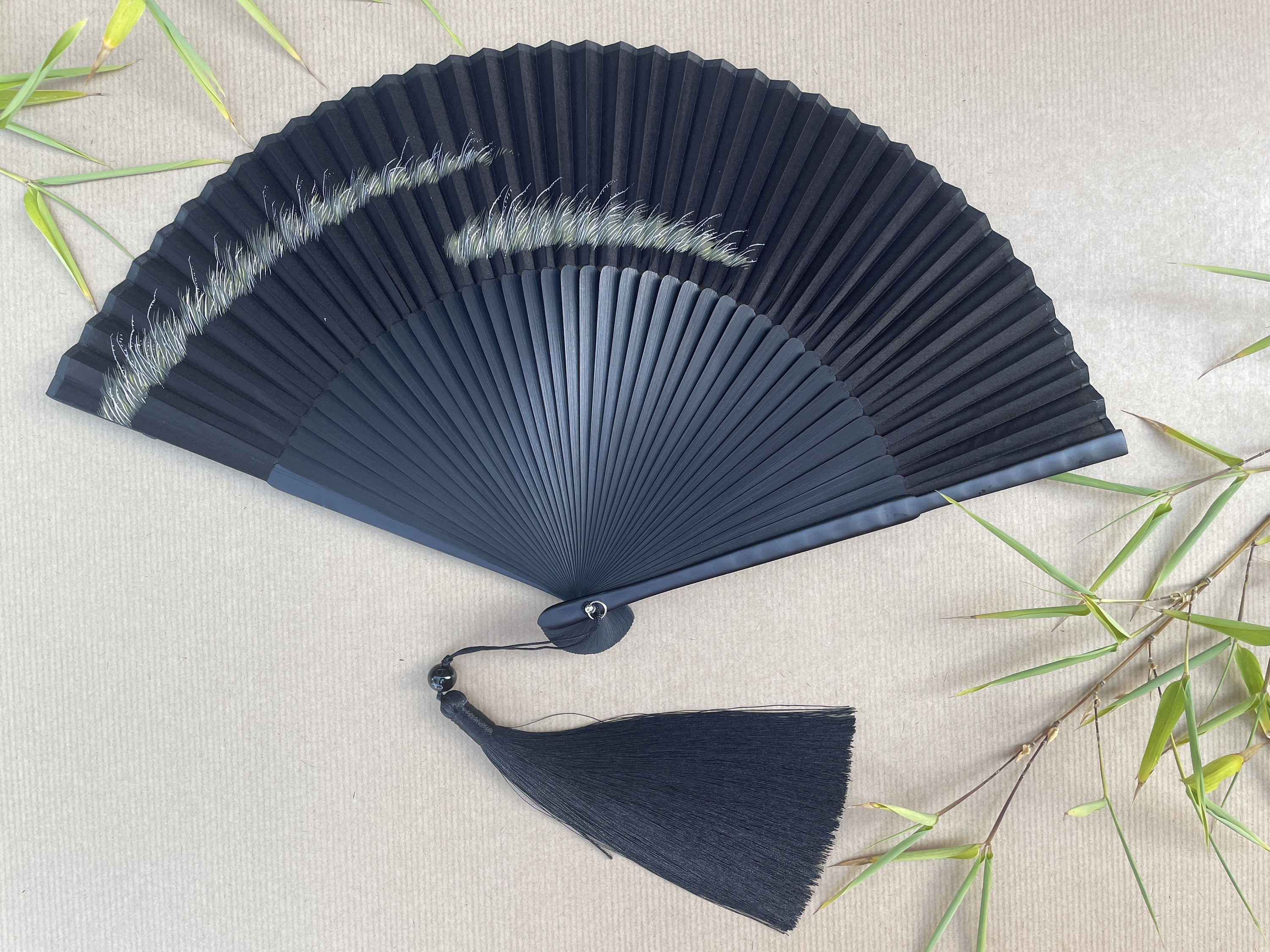 Midnight Black Silver Feather Grass Folding Hand Fan