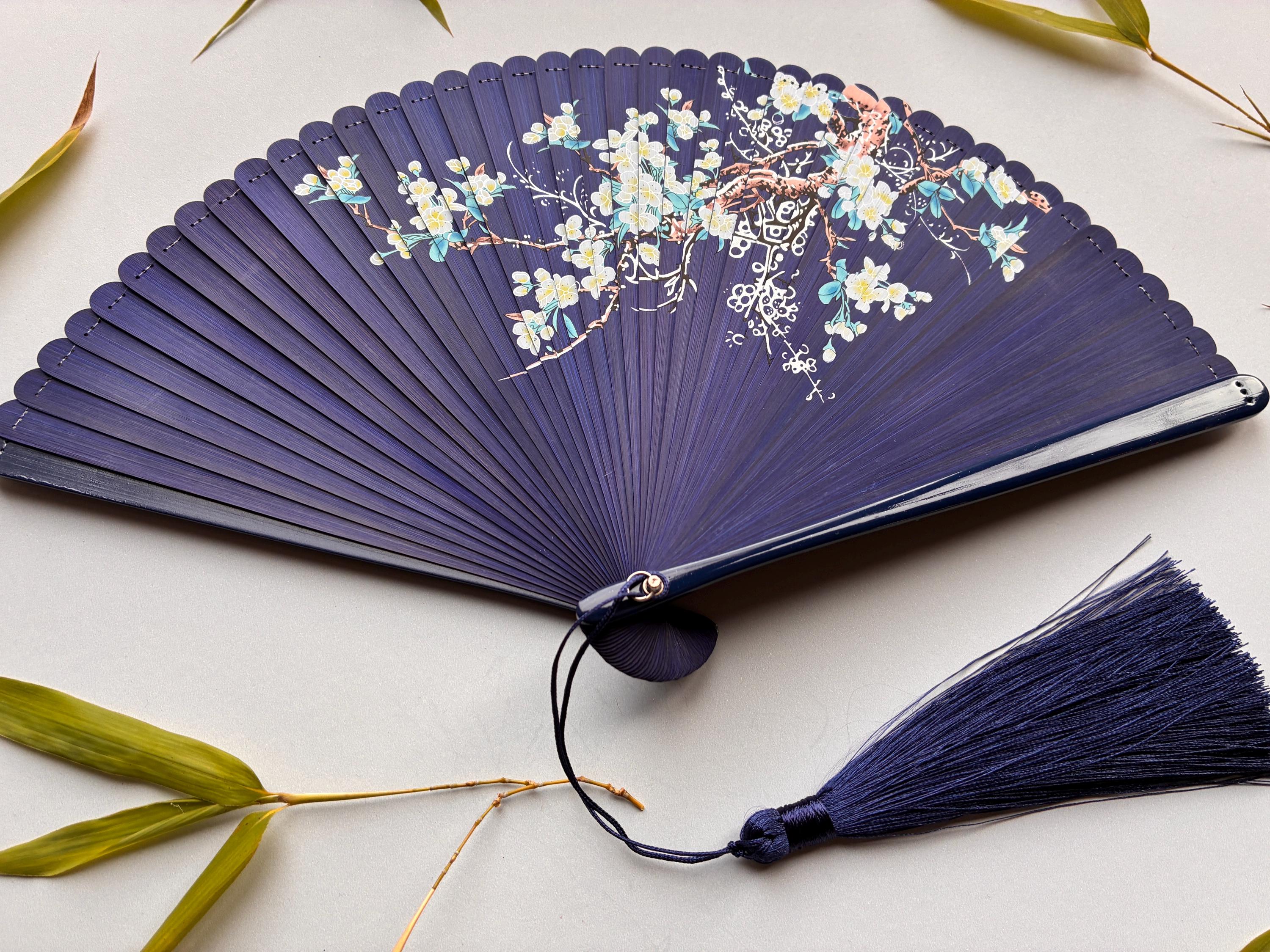 Deep Indigo White Blossom Branch and Bird Folding Hand Fan