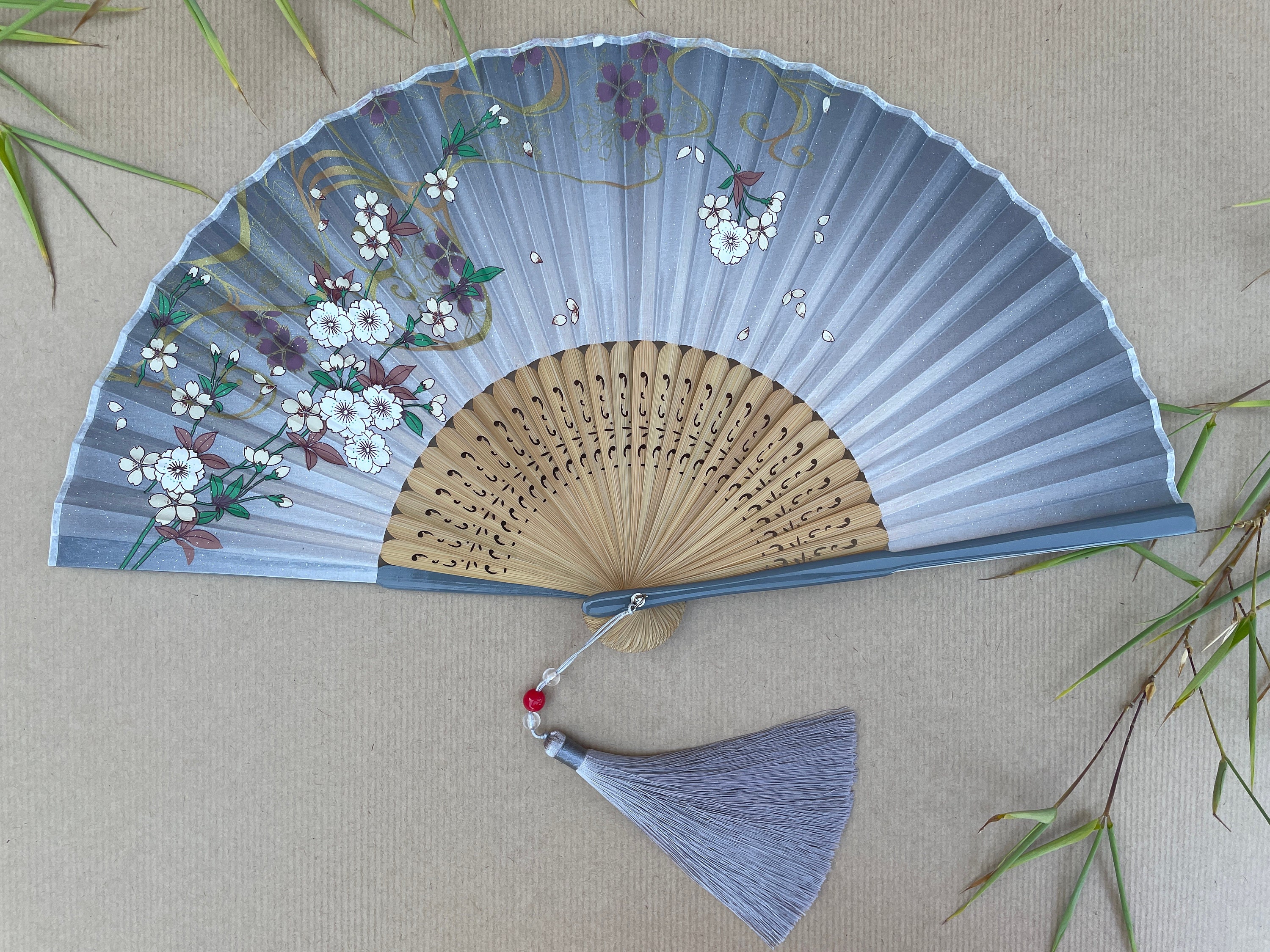 Dusty Blue Burgundy Cherry Blossom Branch Folding Hand Fan